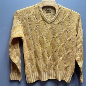 Vintage Lord Jeff Mens Mustard Yellow Cable Knit V-Neck Virgin Wool Sweater L
